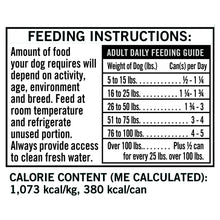 Pure Balance Pro+ wet dog food can label with feeding instructions and calories