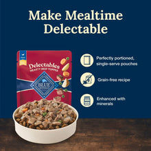 Blue Buffalo Delectables hearty beef topper pouch with portioned single-serve icon set