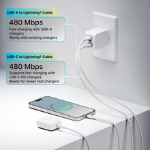 White Lightning charging cable set with USB-A and USB-C connectors