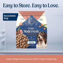 Refrigerated dog food pouch with resealable bag icon and storage instruction