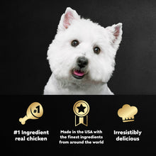 Westie dog next to dog food promotion icons, with 3.5 oz tray theme
