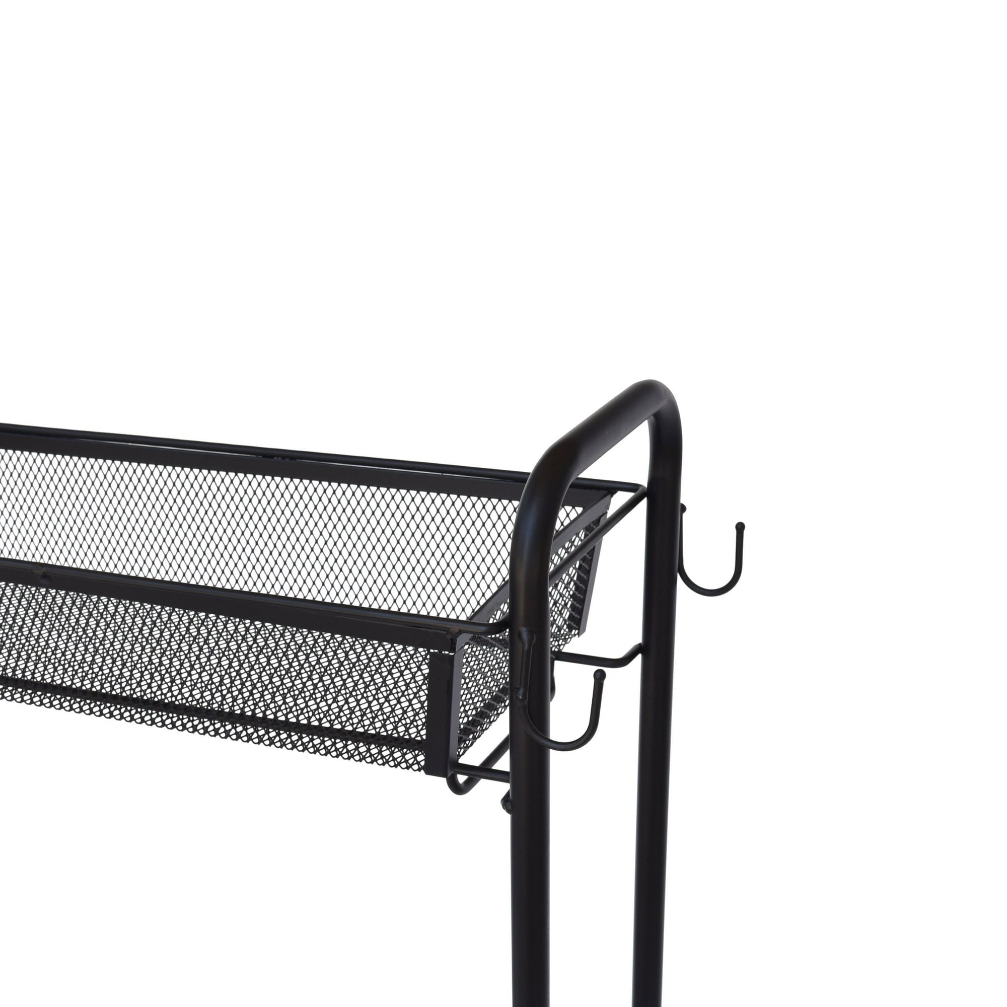 Mainstays Slim 3-Tier Rolling Bathroom Storage Cart with Hooks, Black