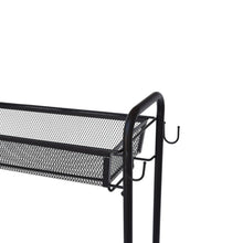 Black front hook rack on 3-tier rolling storage cart with mesh shelf
