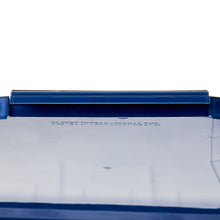 Dog food storage pail lid area with blue hinge and latch hardware