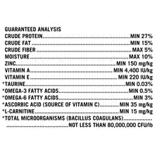 Dry dog food label with guaranteed analysis protein, fat, fiber, and vitamins