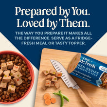 Refrigerated chicken dog food roll with carrots, peas, and cubed recipe pieces