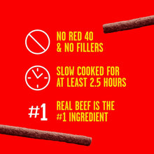 Beef dog treat label: no red 40 or fillers, slow cooked 2.5+ hours