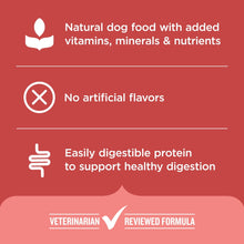 Dry dog food nutrition panel with natural, no artificial flavors, vitamins icons