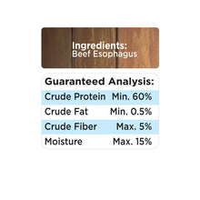 Dog treat label card: Ingredients Beef Esophagus and guaranteed analysis values