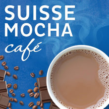 Suisse Mocha instant coffee cup with creamy crema and scattered coffee beans