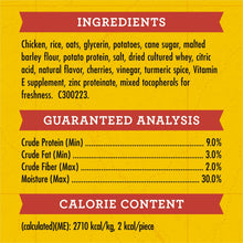 Dog treat pouch ingredient and guaranteed analysis panel with calorie content