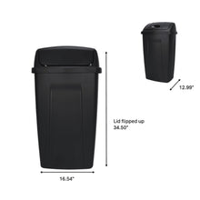 Black plastic trash can with swing lid, height and width measurement labels.