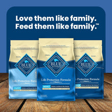 Three Blue Buffalo Life Protection Formula dry dog food bags, assorted sizes shown