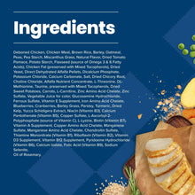 Dog food ingredients list panel with kibble and vegetables