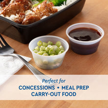 Translucent plastic portion cups with chopped green onions and dark sauce for carry-out
