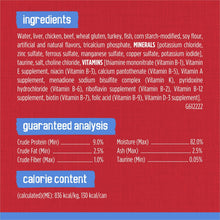Wet cat food label panel with ingredients and analysis for beef in gravy shreds
