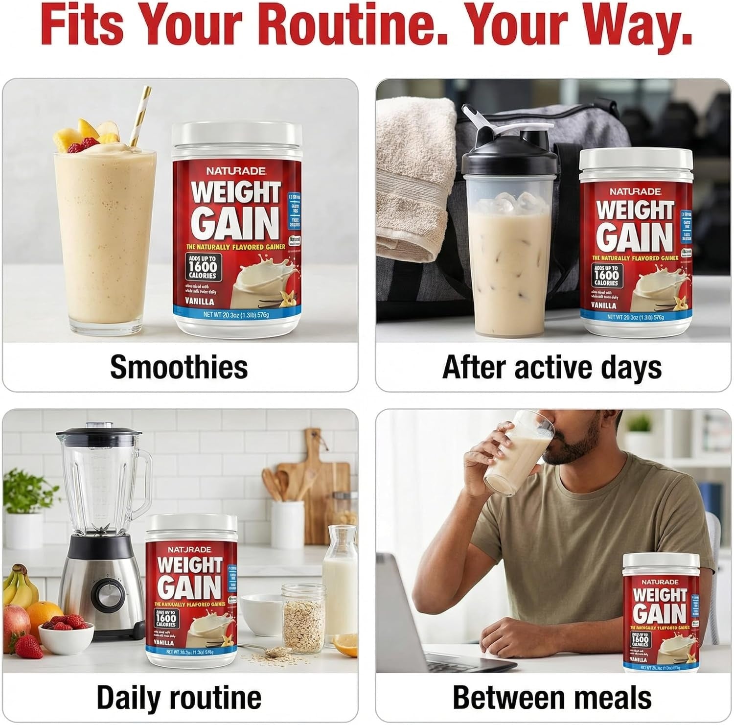 Naturade Weight Gain Nutrition Drink Mix for Healthy Weight Support, Balanced Calories with Protein, Vitamins & Minerals, Vanilla - 20.3 oz