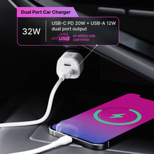 Dual-port car charger with USB-C and USB-A ports and white Lightning cable