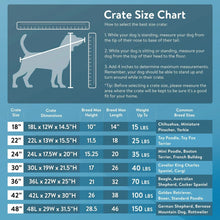 Dog crate size chart showing crate dimensions and weight capacity for different sizes