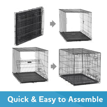 Foldable wire dog crate with leak-proof tray, shown folded and reassembled