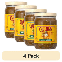 Cholula mild salsa verde, four jars with yellow labels and woodgrain-style lids