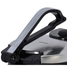 Electric tortilla press with black handle and stainless steel cooking lid, close angle