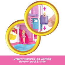 Mini doll house playset with working elevator, pool and slide, purple tower details