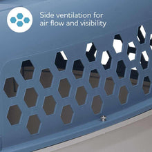 Blue kennel side panel with hex ventilation holes for airflow and visibility.