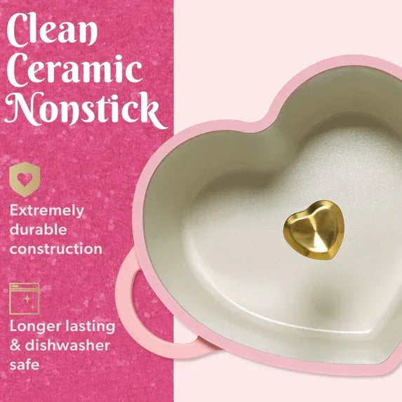 Paris Hilton 4.6 Quart Heart-Shaped Dutch Oven Pot with Lid, Clean Ceramic™ Nonstick Coating & Silicone Rim Glass Lid, Pink