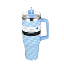 Blue diamond-pattern double-wall tumbler with clear lid, straw, and handle