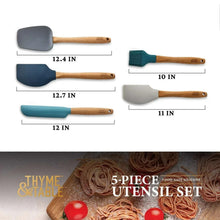 5-piece silicone spatula and brush set with beechwood handles, lengths labeled