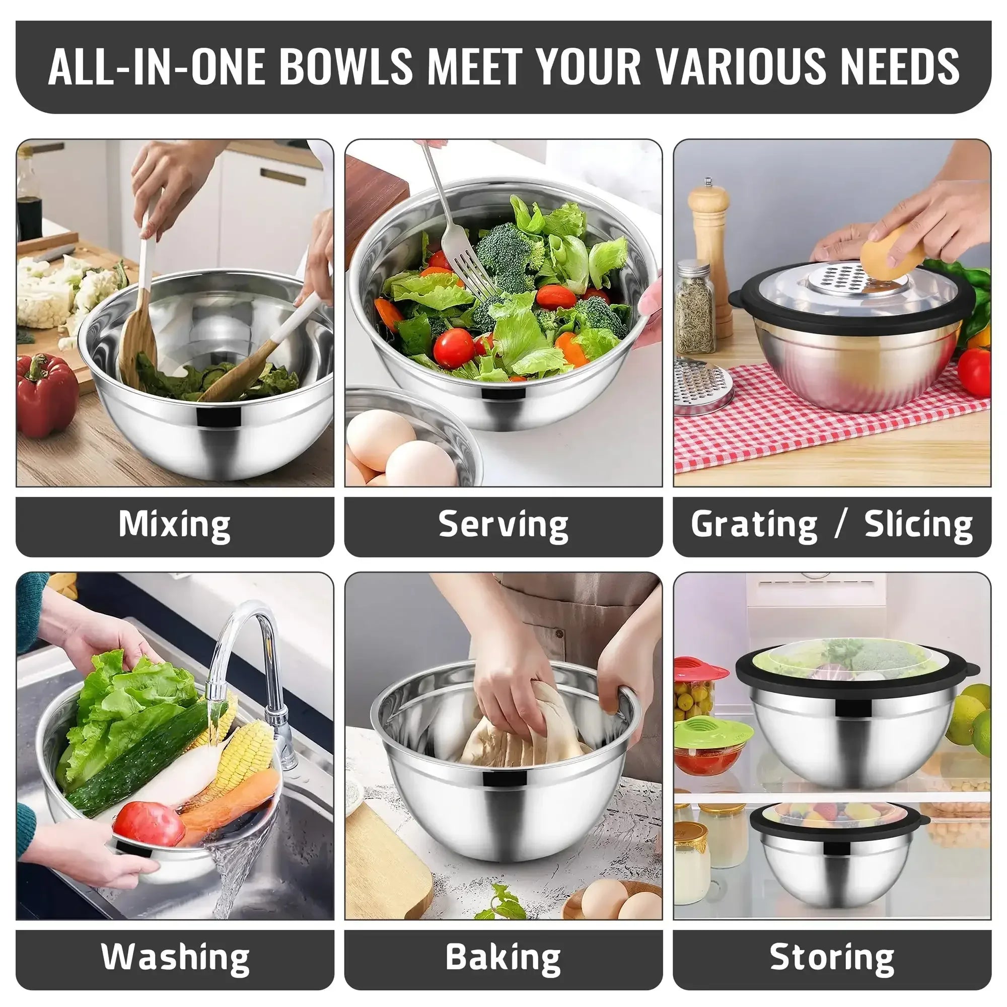 Vesteel Mixing Bowls with Lids Set of 8, Stainless Steel Prep Bowls with Upgraded Airtight Visible Lid, Metal Nesting Bowl Attach with 3 Graters for Kitchen Grating/ Shredding / Mixing - USA MEGA SHOP