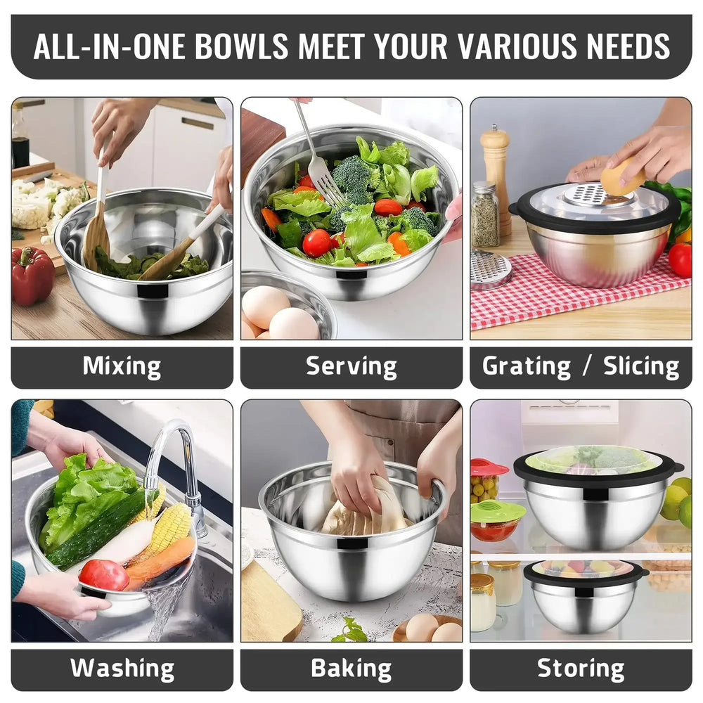 Vesteel Mixing Bowls with Lids Set of 8, Stainless Steel Prep Bowls with Upgraded Airtight Visible Lid, Metal Nesting Bowl Attach with 3 Graters for Kitchen Grating/ Shredding / Mixing - USA MEGA SHOP