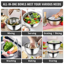 Stainless steel mixing bowls with lids, for mixing, serving, grating, slicing, storing