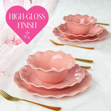 Rose pink scalloped-rim dinnerware set with bowls and plates