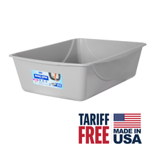 Grey plastic jumbo open-top cat litter box with high sides and center scoop area