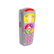 Gray side view of learning remote toy with red top, character screen, and button panel
