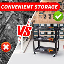 3-tier rolling tool cart with tools on shelves, black frame, for convenient storage