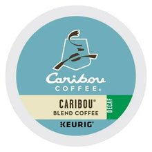 Caribou Blend decaf K-Cup pod lid, blue coffee logo label