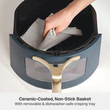 Atlantic Blue air fryer with ceramic-style nonstick basket and gold lever handle