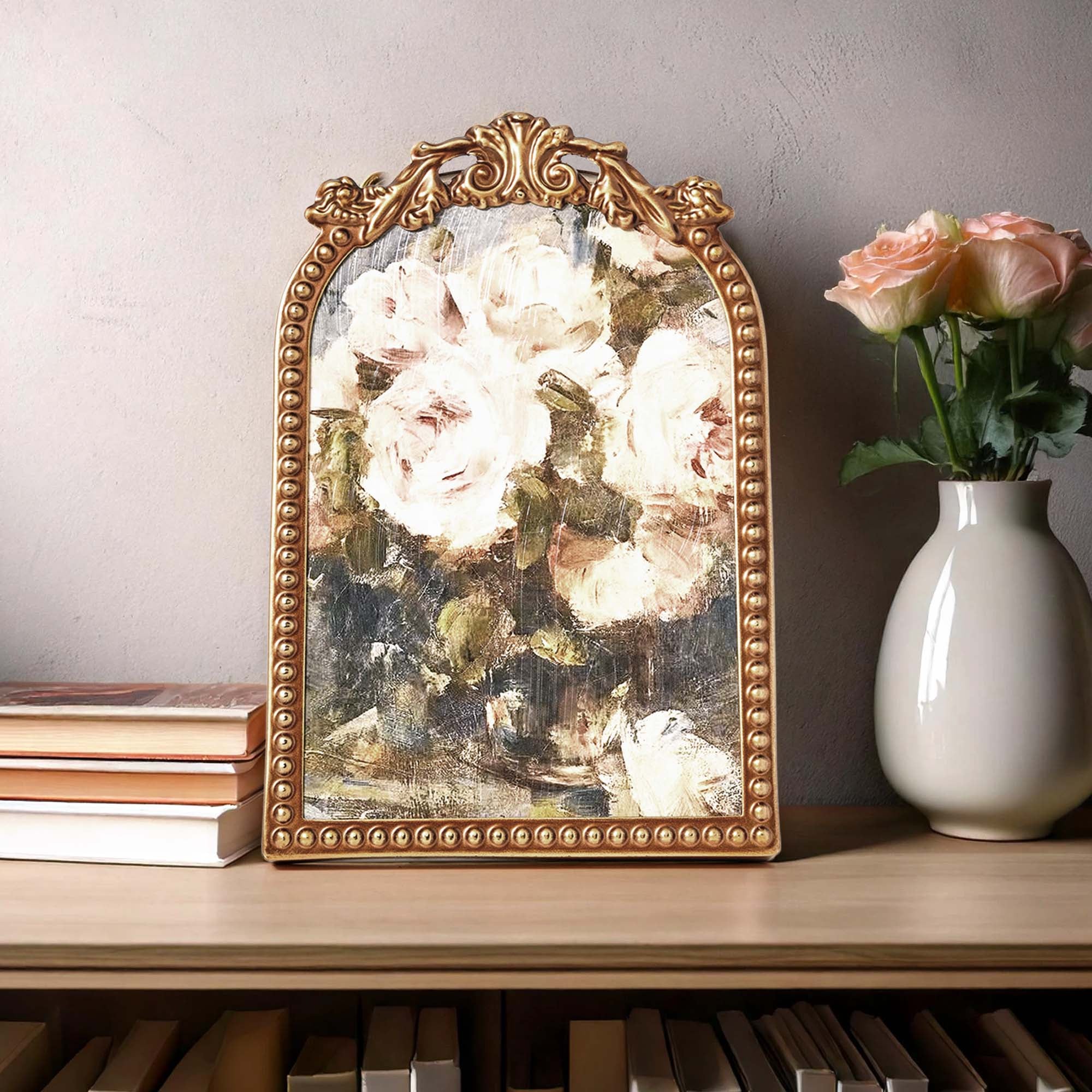 Home Decor Collection Filigree Tabletop Floral Art, Gold Ornate Frame with Botanical Design, 6x8, Gold Iron Frame
