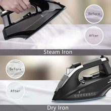 Steam iron with water-spray mist graphic and polished blue-edged soleplate