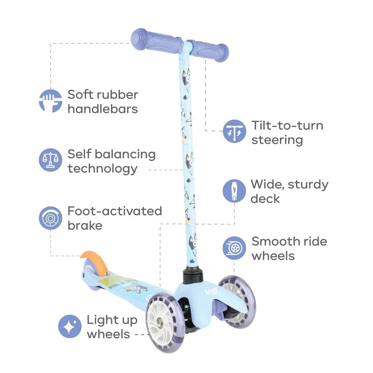 Bluey Light Up Wheel Tilt and Turn Toddler Scooter, 3 Wheel Kick Scooter for Kids Ages 3+, Blue