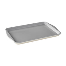Gray baking sheet with low sides and smooth interior