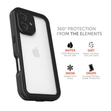 Waterproof phone case with black frame and clear back, corner protection