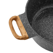 Charcoal speckled cast aluminum sauce pan side with wood loop handle