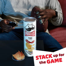 Pizza-flavored potato crisps canister with Pringles logo, shown upright with 5.5 oz size