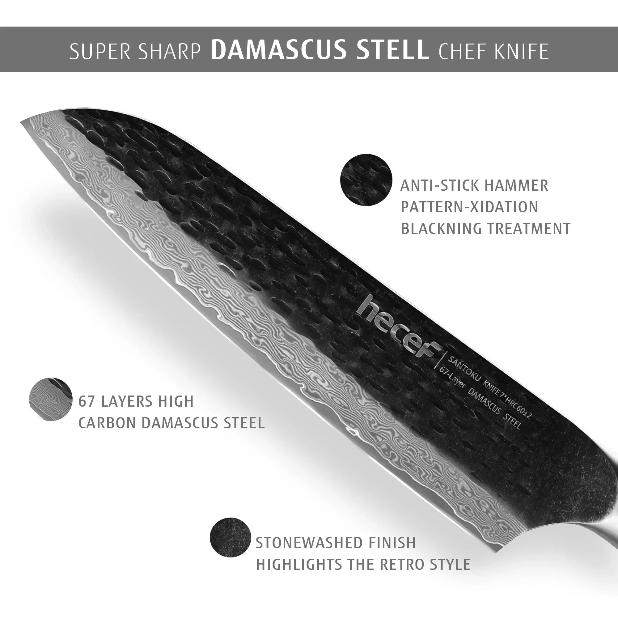 Hecef Japanese Chef Knife, Forged 67-Layer Damascus Steel Ultra Sharp Professional Hammered Carving Knife
