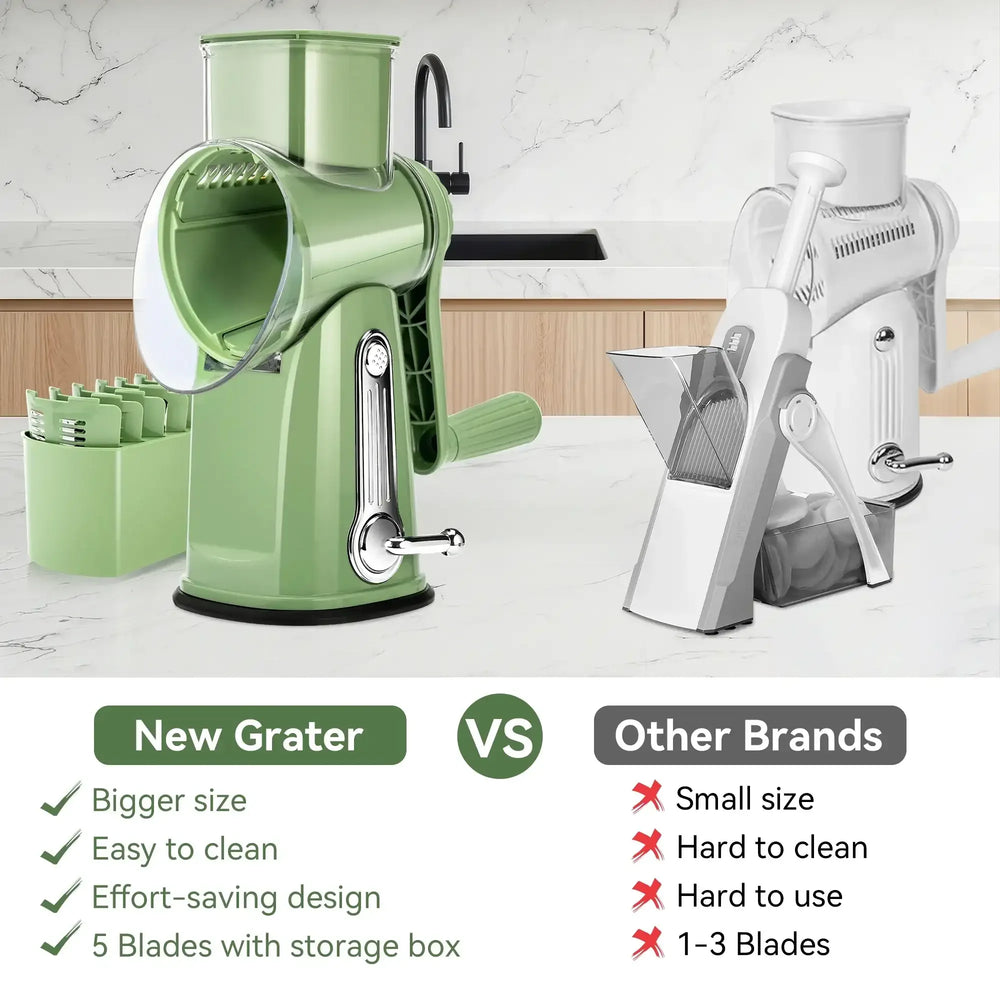 Pukomc Rotary Cheese Grater with Handle- 5 Blades, Suction Base, Mandoline Slicer & Veg Shredder with Blade Storage Box - USA MEGA SHOP