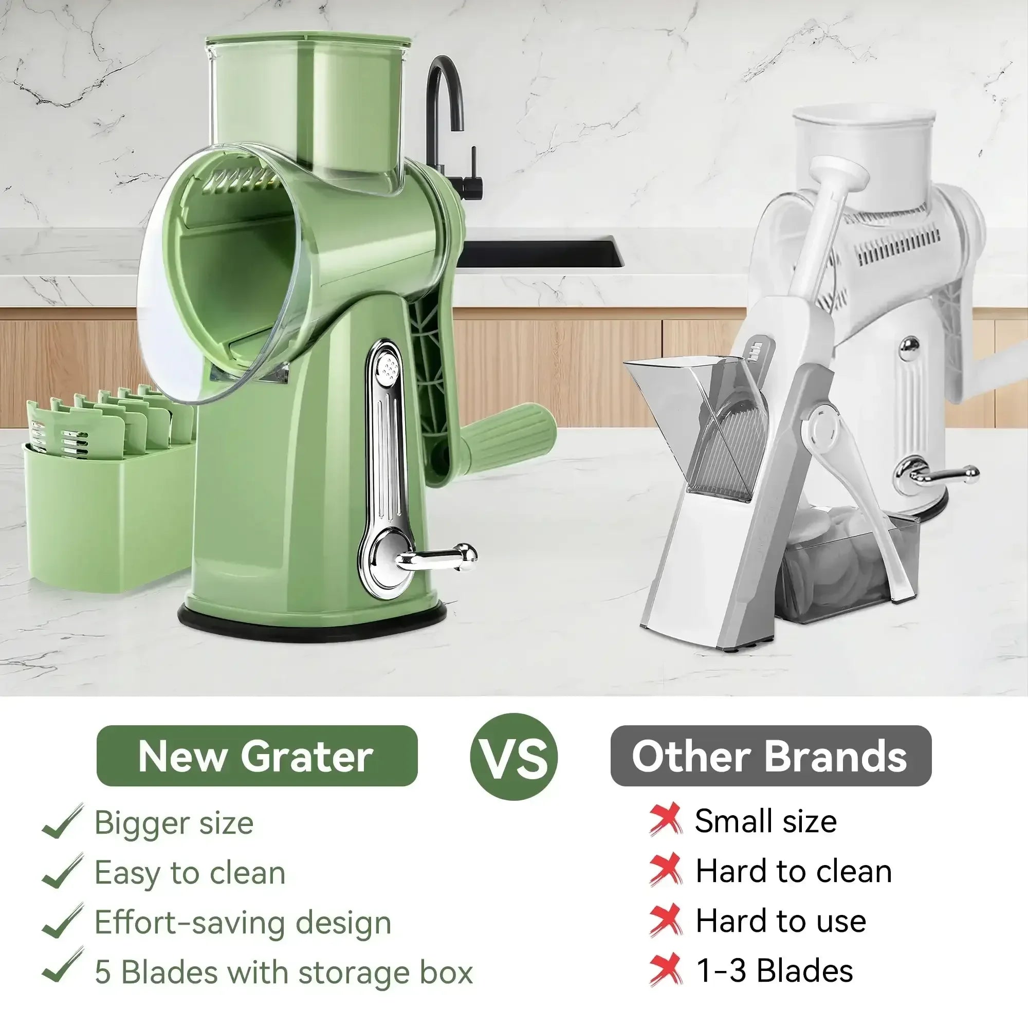 Pukomc Rotary Cheese Grater with Handle- 5 Blades, Suction Base, Mandoline Slicer & Veg Shredder with Blade Storage Box